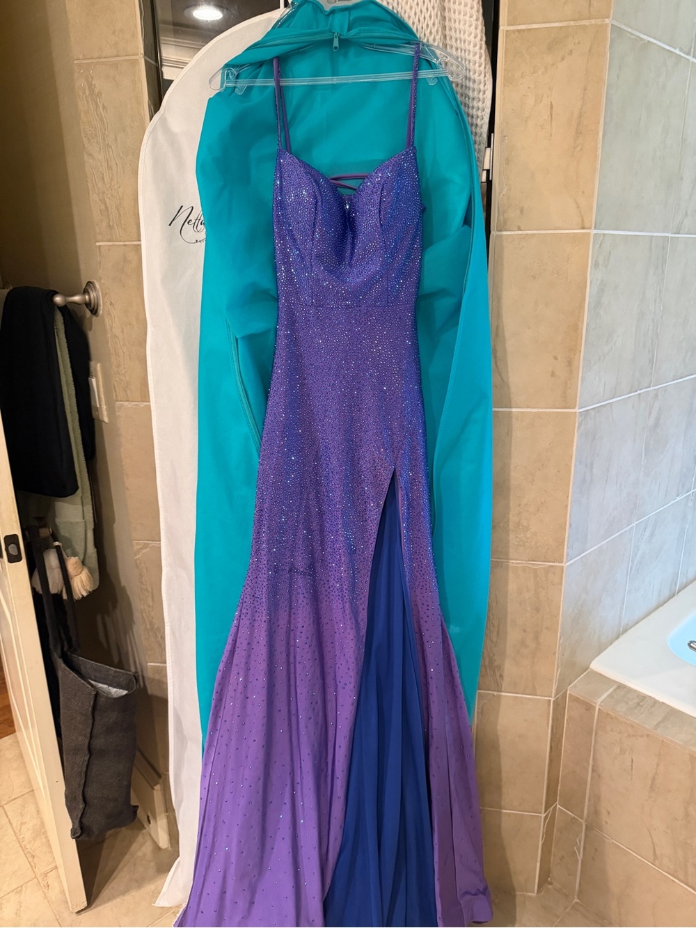 Sherri hill Elegant blue Ombre Sequin Evening Gown with Side Slit